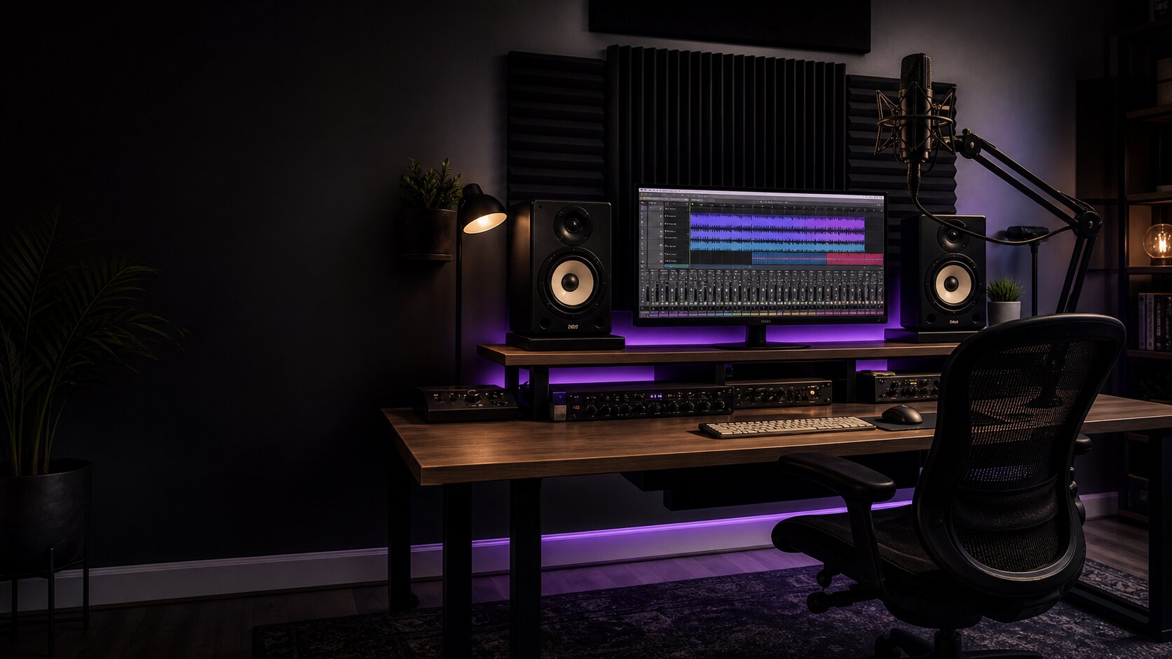 Dark home recording studio with a computer, microphone, audio equipment, monitor speakers, and purple accent lighting